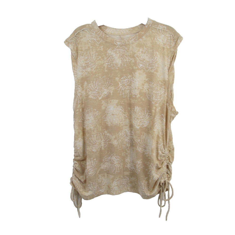 PILCRO Anthropologie Pullover Top Women L Beige Floral Ruched Cotton Sleeveless